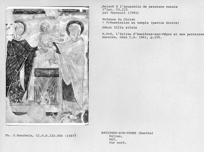 Relevé de peinture murale du mur nord de la nef, Enfance du Christ : Présentation au Temple, partie droite