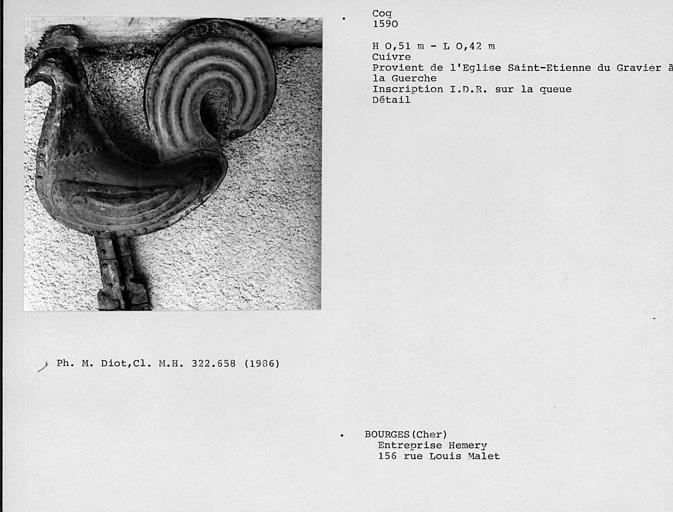 Coq en cuivre, incription I.D.R., profil gauche