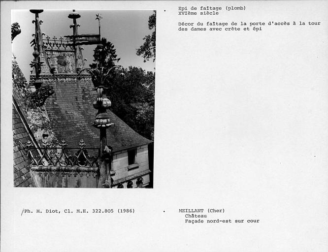 Décor du faîtage en plomb avec crête et épi au-dessus de la porte d'accès à la terrasse de la tour des Dames, façade nord-est sur cour