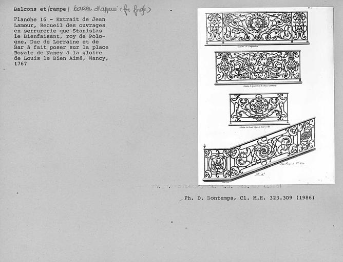 Dessins de divers balcons et d'une rampe exécutés entre 1752 et 1755 par Jean Lamour