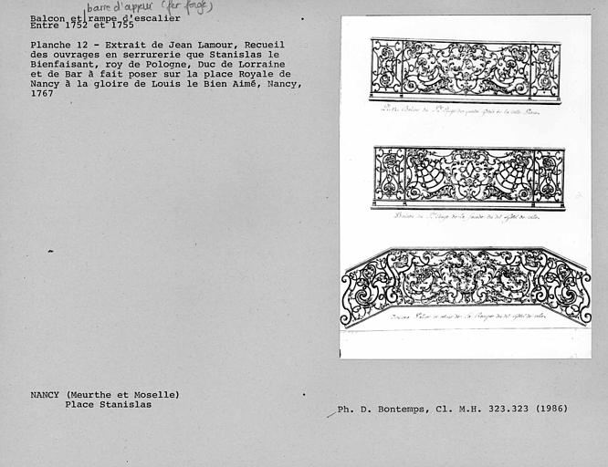Dessins des balcons de la façade et d'une rampe exécutés entre 1752 et 1755 par Jean Lamour