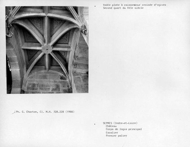 Escalier du corps de logis, voûte plate à caissons sur croisée d'ogives du deuxième palier