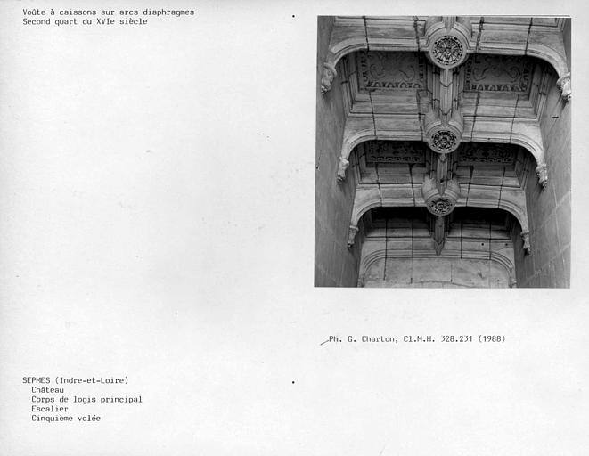 Escalier du corps de logis, voûte plate à caissons sur arcs diaphragmes de la cinquième volée