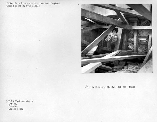 Escalier du corps de logis, voûte plate à caissons sur croisée d'ogives du deuxième repos