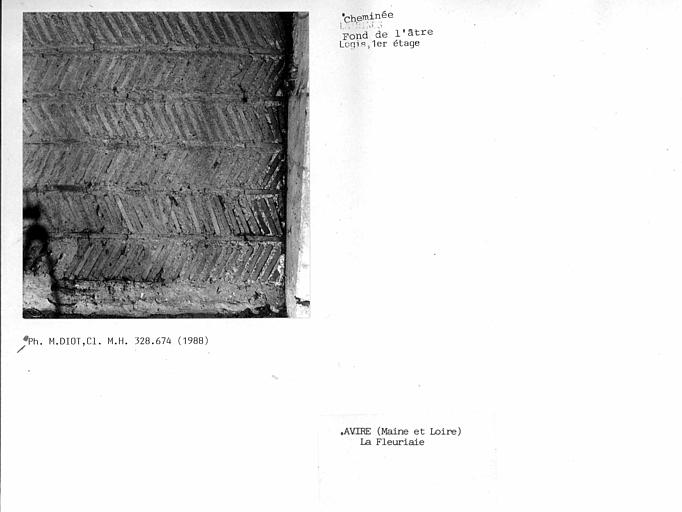 Cheminée de la pièce face à l'escalier au premier étage du logis, fond de l'âtre