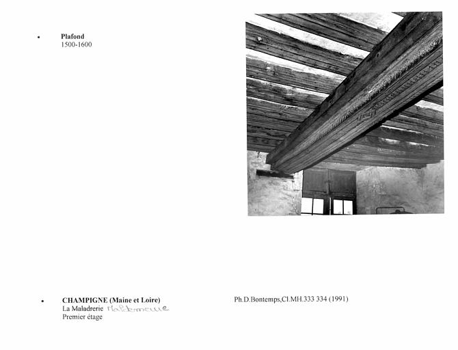 Plafond au premier étage. Poutres sculptées