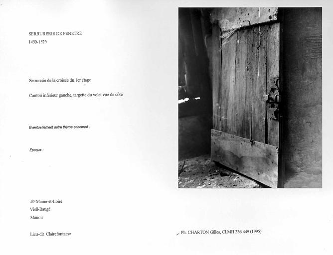 Serrurerie de la croisée du premier étage. Canton inférieur gauche, targette du volet vue de côté
