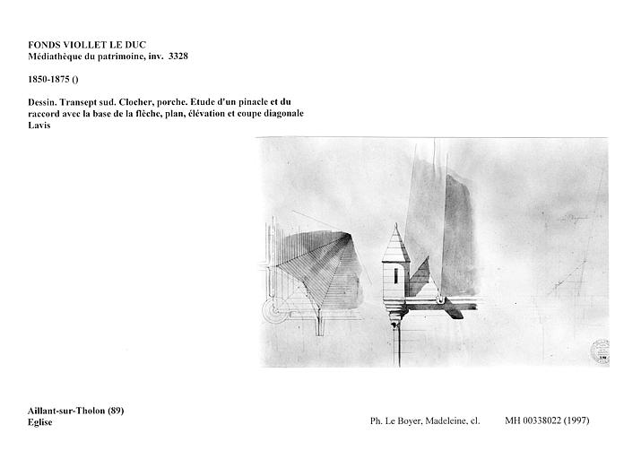 Dessin. Transept sud. Clocher, porche. Etude d'un pinacle et du raccord avec la base de la flèche, plan, élévation et coupe diagonale