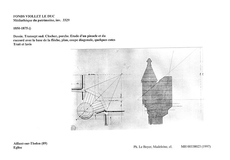 Dessin. Transept sud. Clocher, porche. Etude d'un pinacle et du raccord avec la base de la flèche, plan, coupe diagonale, quelques cotes