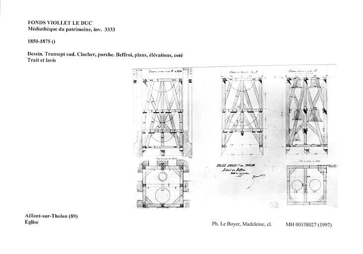 Dessin. Transept sud. Clocher, porche. Beffroi, plans, élévations, coté