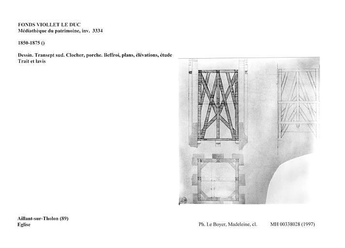 Dessin. Transept sud. Clocher, porche. Beffroi, plans, élévations, étude