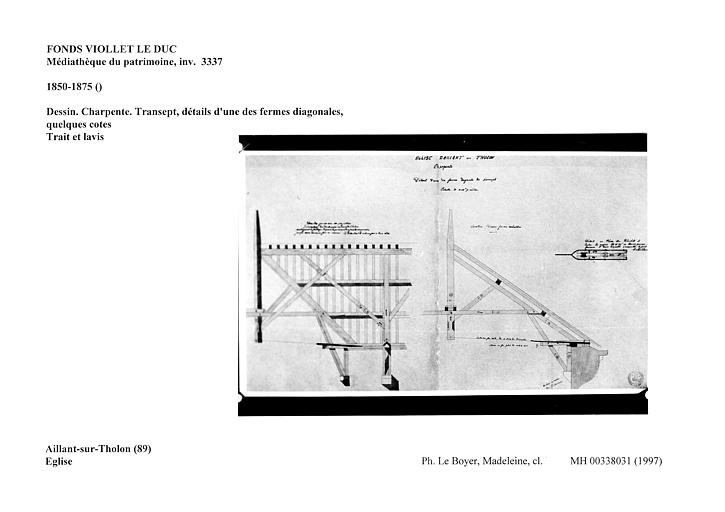 Dessin. Charpente. Transept, détails d'une des fermes diagonales, quelques cotes