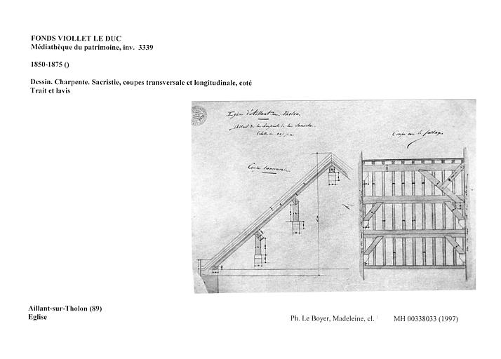 Dessin. Charpente. Sacristie, coupes transversale et longitudinale, coté