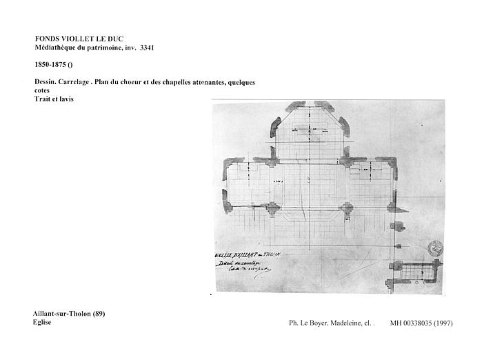 Dessin. Carrelage. Plan du choeur et des chapelles attenantes, quelques cotes