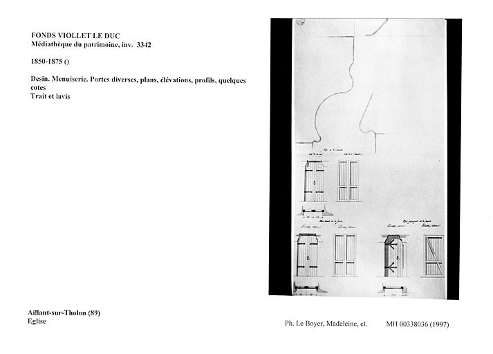 Desin. Menuiserie. Portes diverses, plans, élévations, profils, quelques cotes