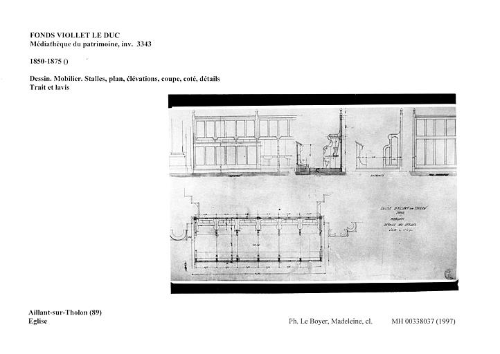 Dessin. Mobilier. Stalles, plan, élévations, coupe, coté, détails