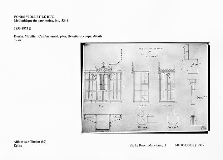 Dessin. Mobilier. Confessionnal, plan, élévations, coupe, détails