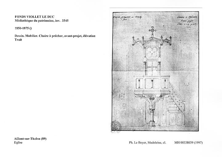 Dessin. Mobilier. Chaire à prêcher, avant-projet, élévation