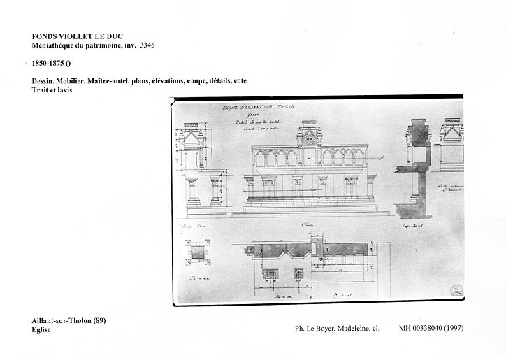 Dessin. Mobilier. Maître-autel, plans, élévations, coupe, détails, coté