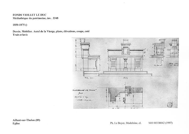 Dessin. Mobilier. Autel de la Vierge, plans, élévations, coupe, coté