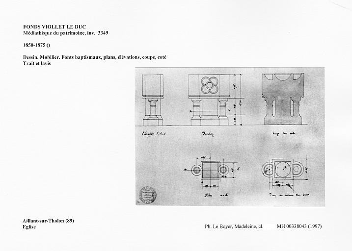 Dessin. Mobilier. Fonts baptismaux, plans, élévations, coupe, coté