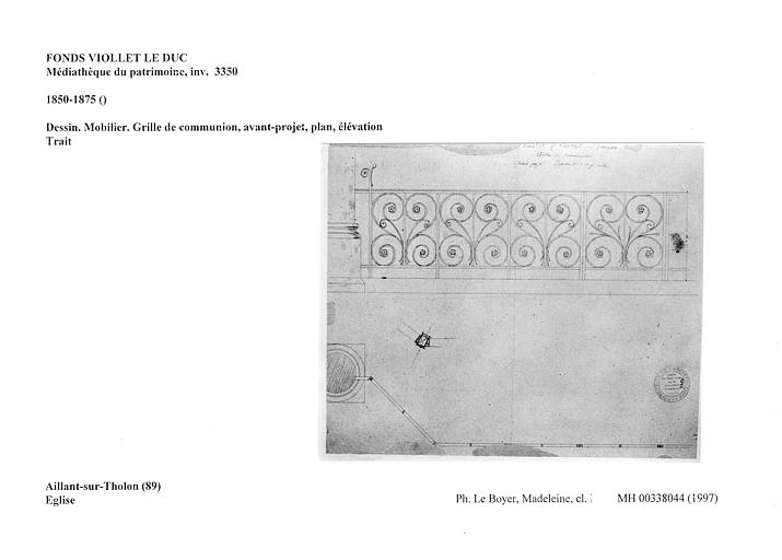 Dessin. Mobilier. Grille de communion, avant-projet, plan, élévation