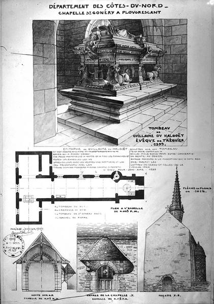 Dessin : coupe, relevé, plan, tombeau de Guillaume de Halgouët