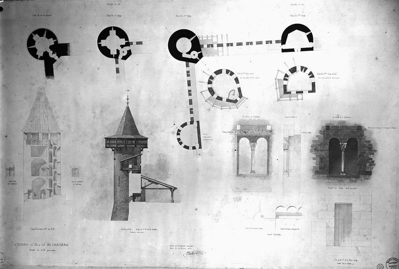 Dessins : tours 34 et 35, élévation, coupes, plans de la restauration