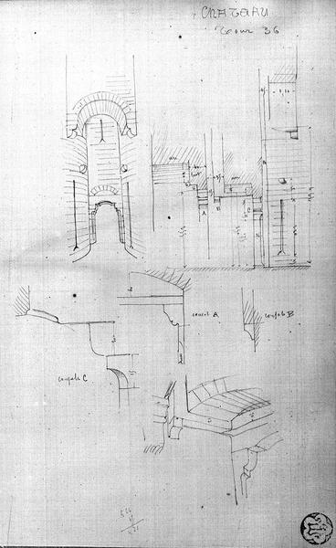 Dessins : enceinte intérieure, tour 36, croquis divers, avant restauration