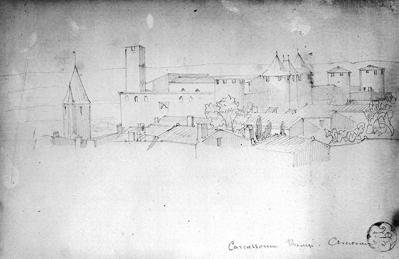 Dessins : vue du château et des remparts, avant restauration