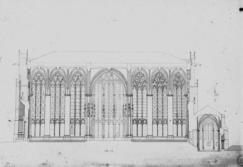 Dessins : coupe transversale de la restauration du transept