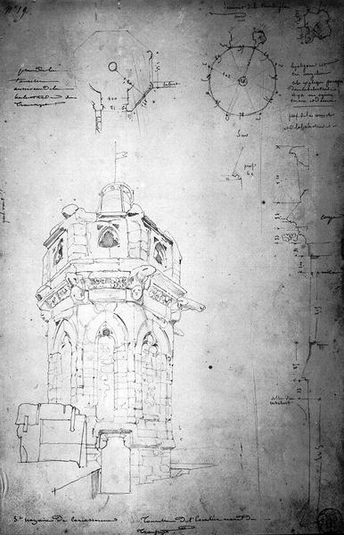 Dessin : extérieur, tourelle de l'escalier du transept nord