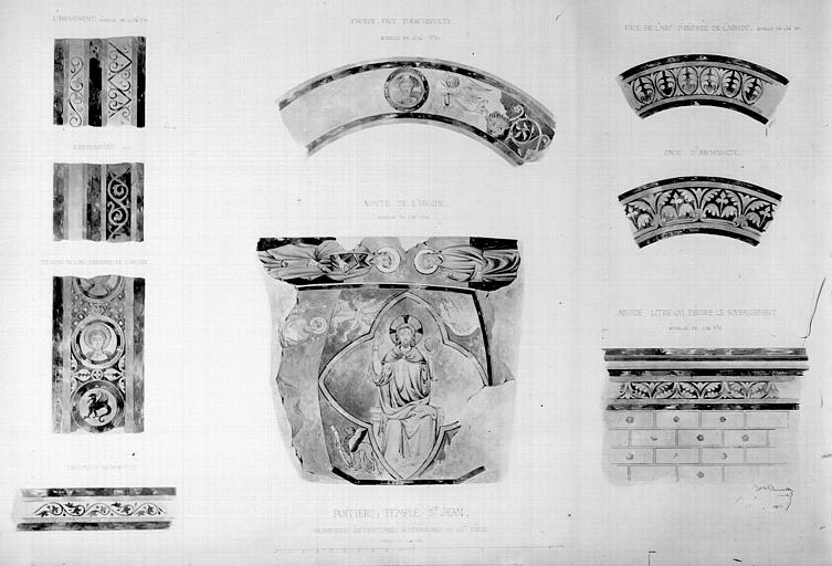 Relevé de peintures murales : fragments des peintures postérieures au XIIème siècle, Christ en majesté et divers motifs