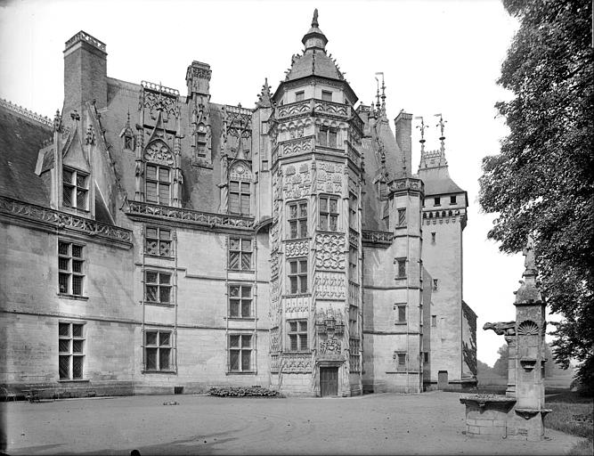 Cour : façade du logis (partie droite) avec la tour dite du Lion et le puits