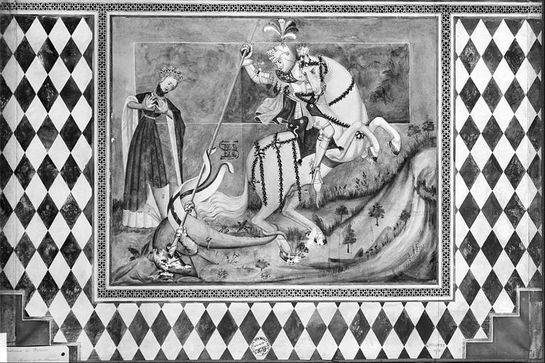 Relevé de peinture murale : saint Georges tuant le dragon