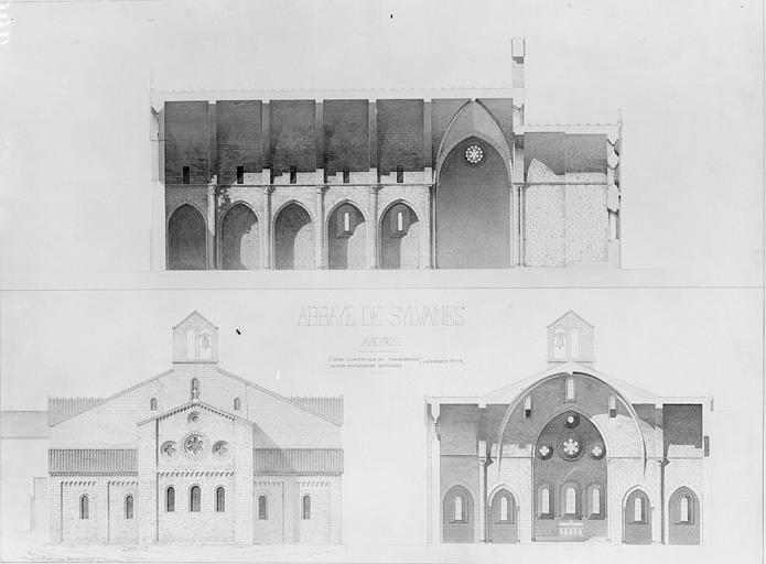 Coupes longitudinale et transversale de l'église, façade est restaurée