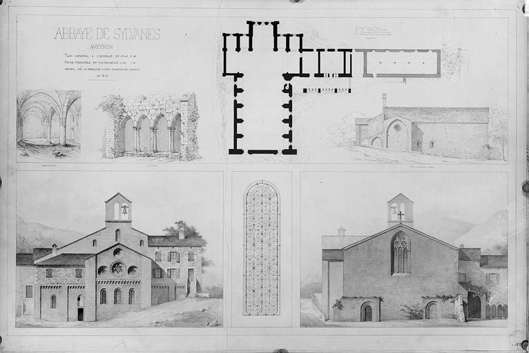 Plan général, relevés du réfectoire et du cloître, façade est et façade ouest, détail d'une fenêtre du choeur