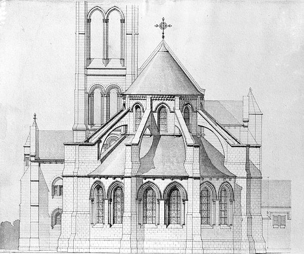 Relevé de la façade est, chevet. Projet de restauration