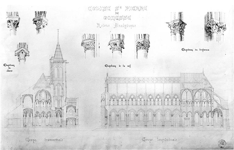 Coupes longitudinale et transversale. Relevés analytiques des chapiteaux. Projet de restauration