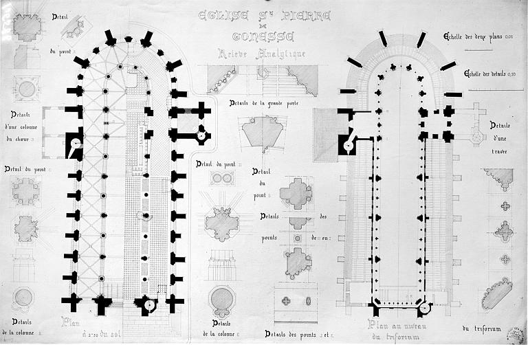 Plans au sol et au niveau du triforium et relevés analytiques. Projet de restauration