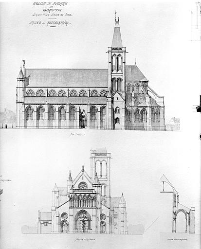 Relevé des façades ouest et sud. Coupe transversale. Projet de restauration