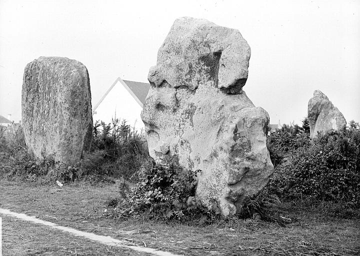 Alignement, deux menhirs. Maison à l'arrière-plan