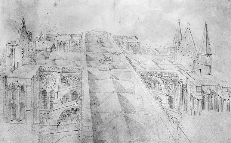 Dessin de l'ensemble de la cathédrale vue en hauteur et des dessus de voûtes sans charpente