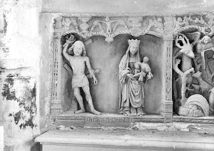 Chapelle Saint-Hubert : Retable, bas-relief, chasse de saint Hubert. Partie gauche