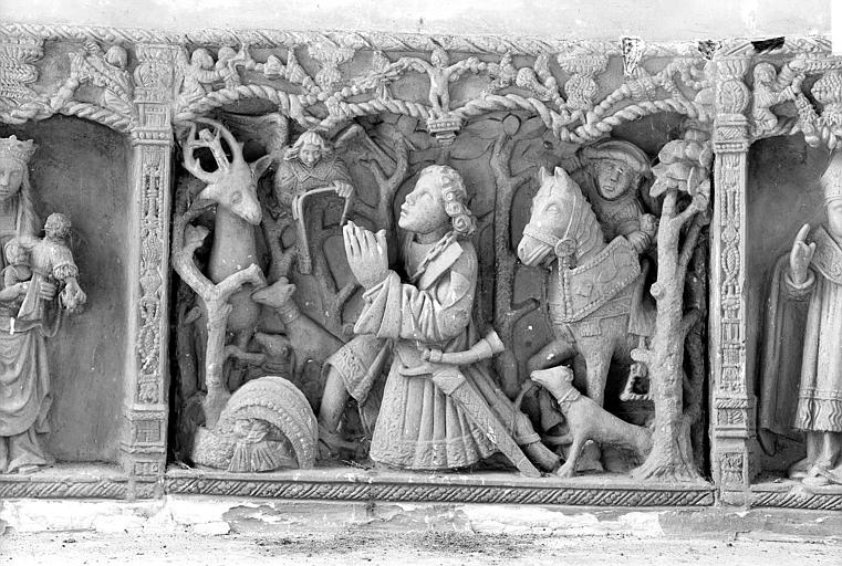 Chapelle Saint-Hubert. Retable, bas-relief : Chasse de saint Hubert, détail