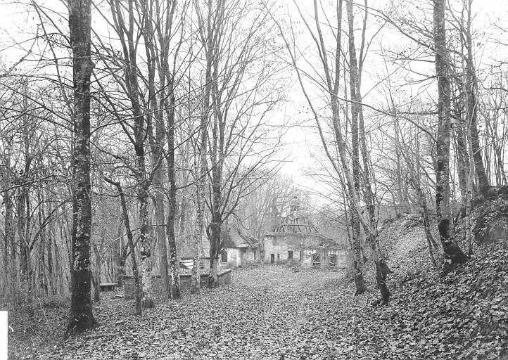 Vue d'ensemble depuis le chemin forestier : bâtiments en ruines. Site de Saint-Valbert