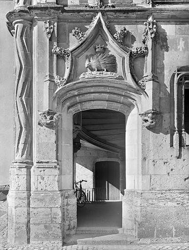 Tourelle de l'angle nord, façade sud. Bas-relief en forme de porc-épic surmontant l'ouverture