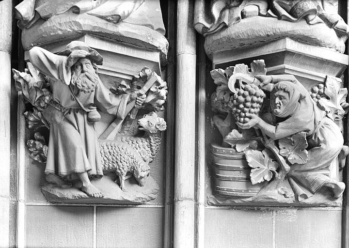 Façade sud, portail. Ebrasement droit, consoles des statues : Septembre et Octobre