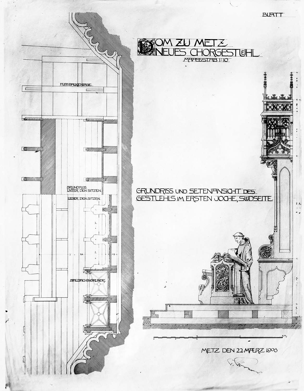 Reproduction d’un dessin et d’un plan des stalles du chœur