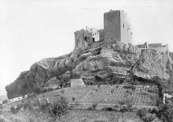 Vue d'ensemble des vestiges et du rocher